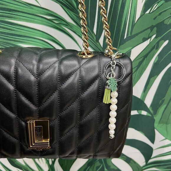 PLANT LADY Bag Charm Keychain Multi MONSTERA Pendant Suede Tassel Faux Pearls - Picture 16 of 17